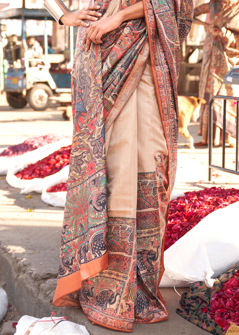 Amber Orange Madhubani Digital Printed Silk Saree - qivii