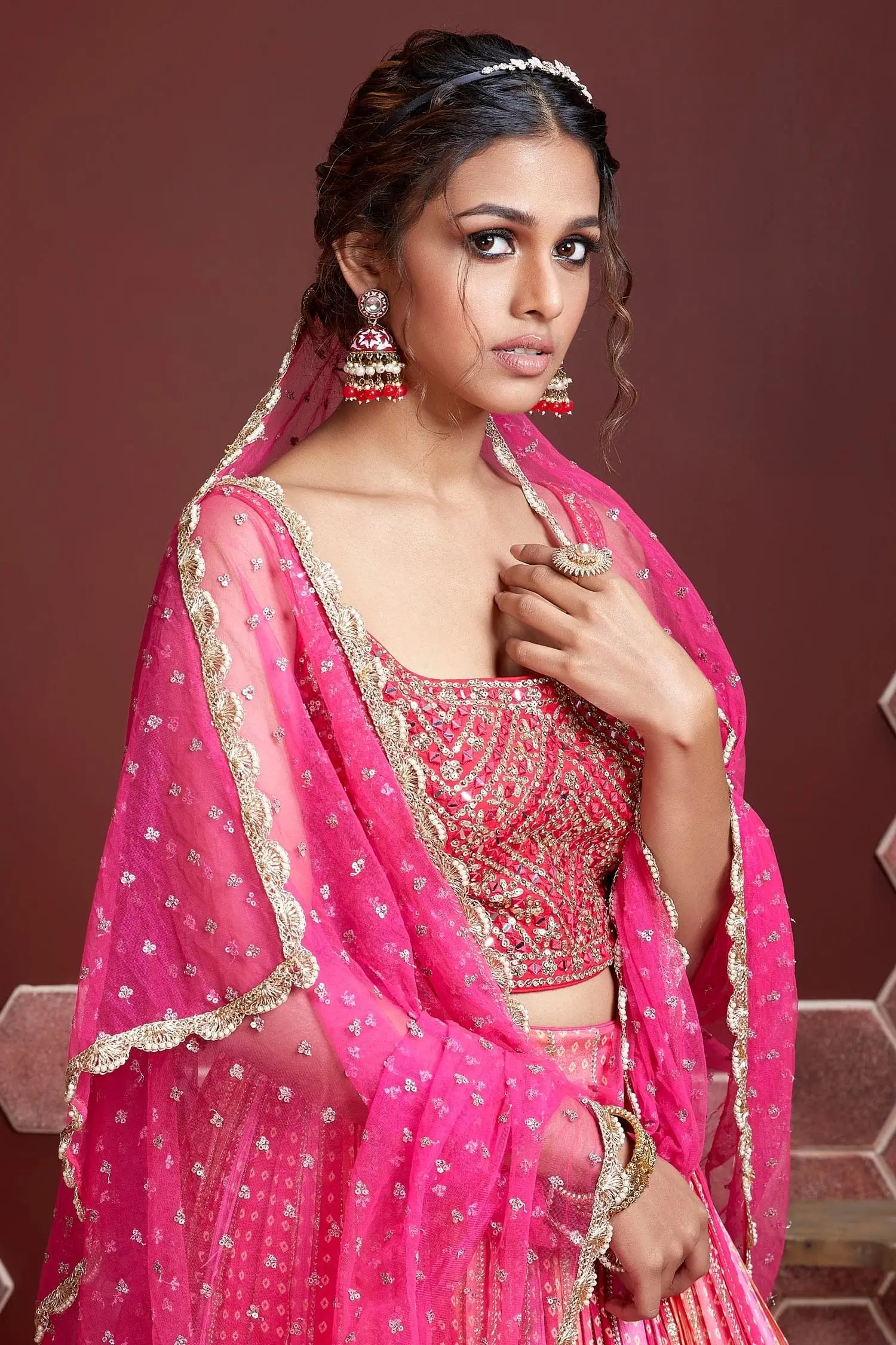 Dirty Pink Lehenga With Digital Position Print And Heavy Embroidery With Real Mirror Work | Ready To Wear - qivii