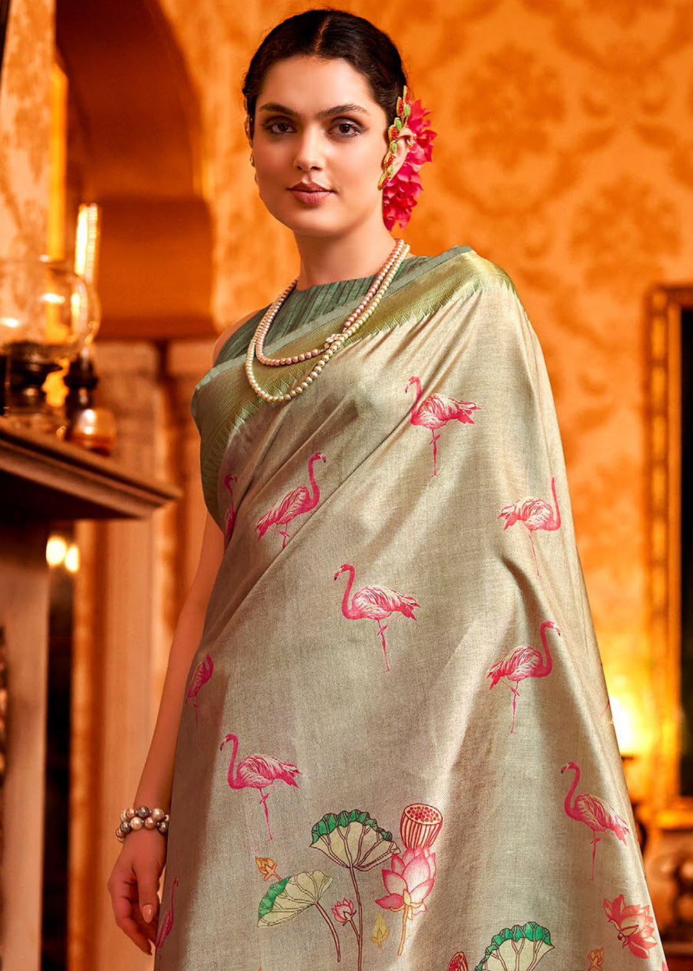 Brownish Grey Floral Printed Manipuri Silk Saree - qivii