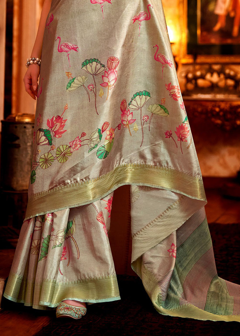 Brownish Grey Floral Printed Manipuri Silk Saree - qivii