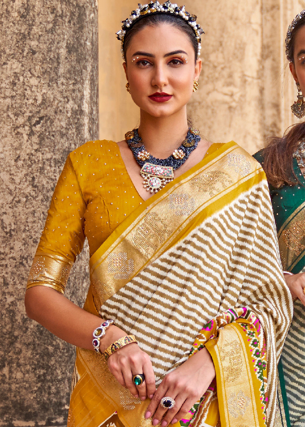 Saffron Yellow Designer Patola Silk Saree with Zari Border & Stone work(Pre-Order) - qivii
