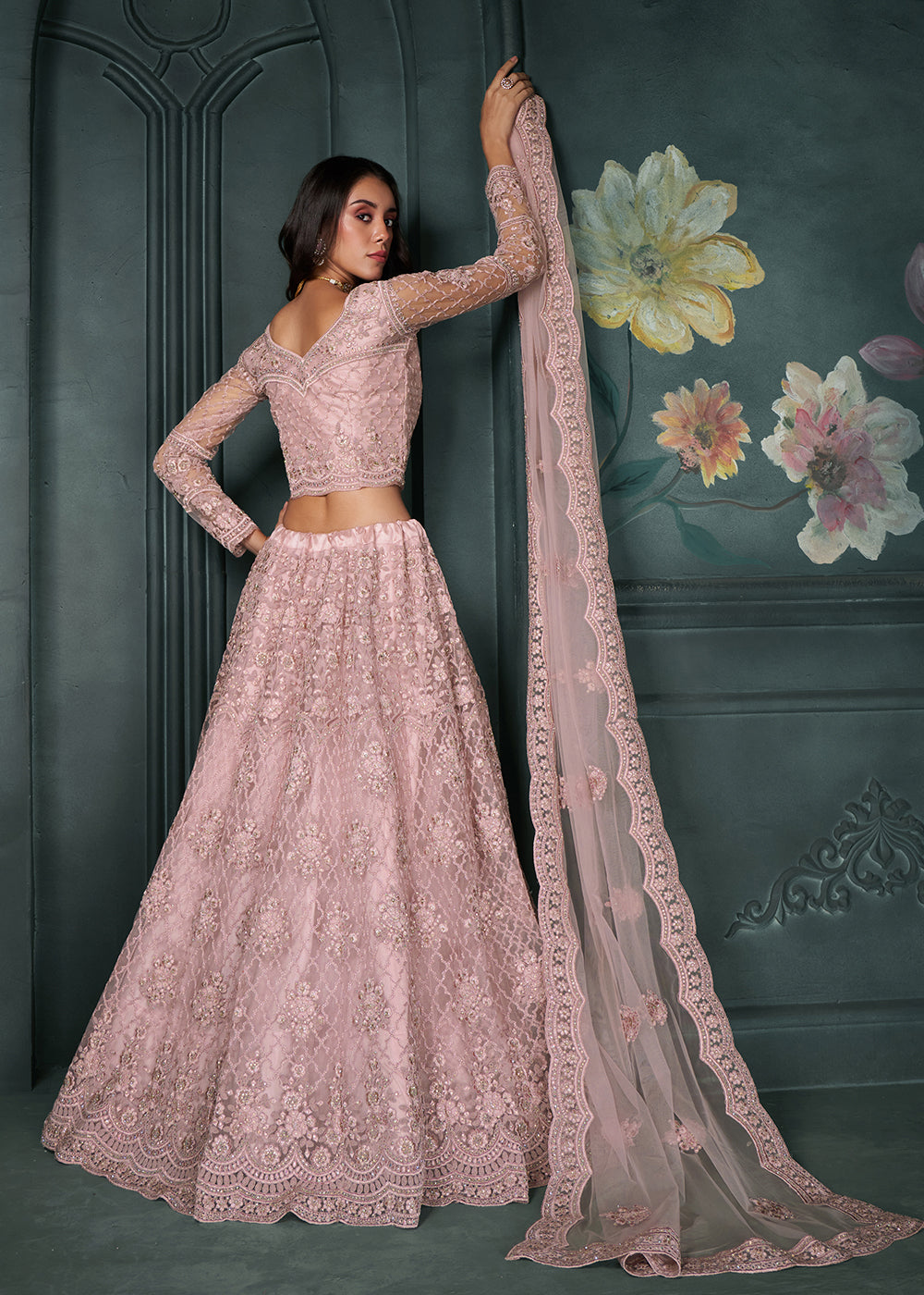 Blush Pink Net Lehenga Choli Beautifully Embroidered with Thread, Badla work & all Over Embellishments Stone work | Ready To Wear - qivii