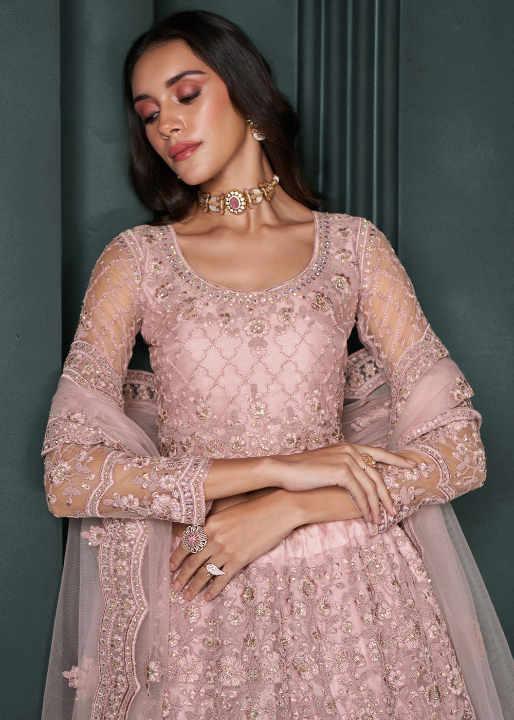 Blush Pink Net Lehenga Choli Beautifully Embroidered with Thread, Badla work & all Over Embellishments Stone work | Ready To Wear - qivii