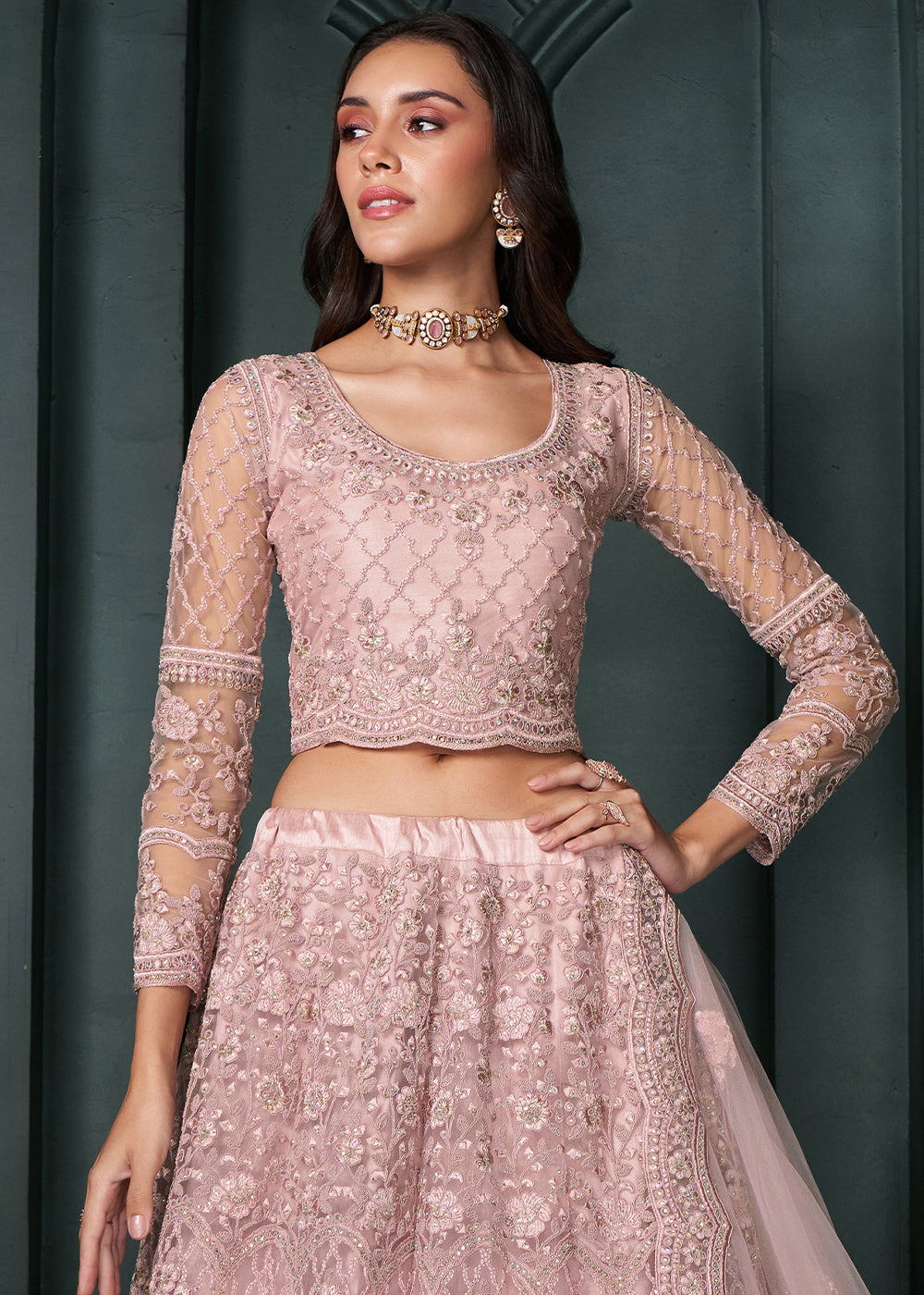 Blush Pink Net Lehenga Choli Beautifully Embroidered with Thread, Badla work & all Over Embellishments Stone work | Ready To Wear - qivii