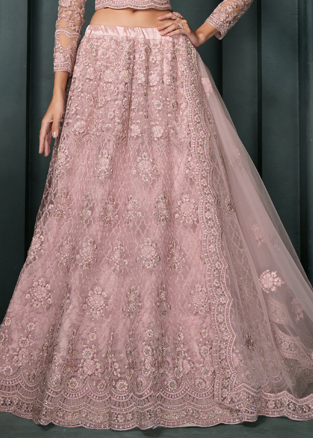 Blush Pink Net Lehenga Choli Beautifully Embroidered with Thread, Badla work & all Over Embellishments Stone work | Ready To Wear - qivii