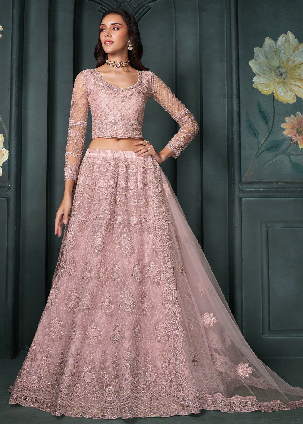 Blush Pink Net Lehenga Choli Beautifully Embroidered with Thread, Badla work & all Over Embellishments Stone work | Ready To Wear - qivii
