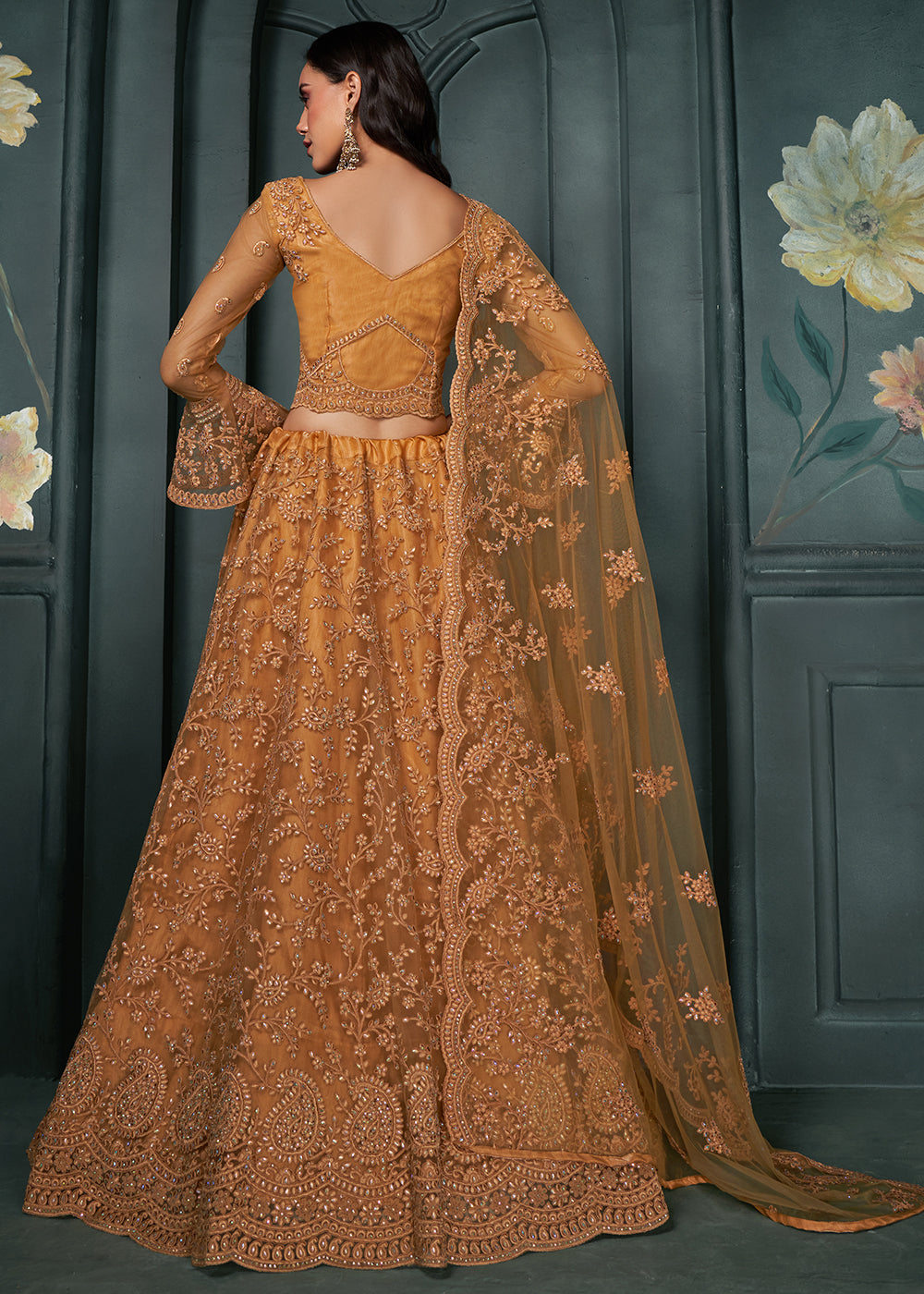 Copper Brown Net Lehenga Choli Beautifully Embroidered with Thread, Badla work & all Over Embellishments Stone work | Ready To Wear - qivii