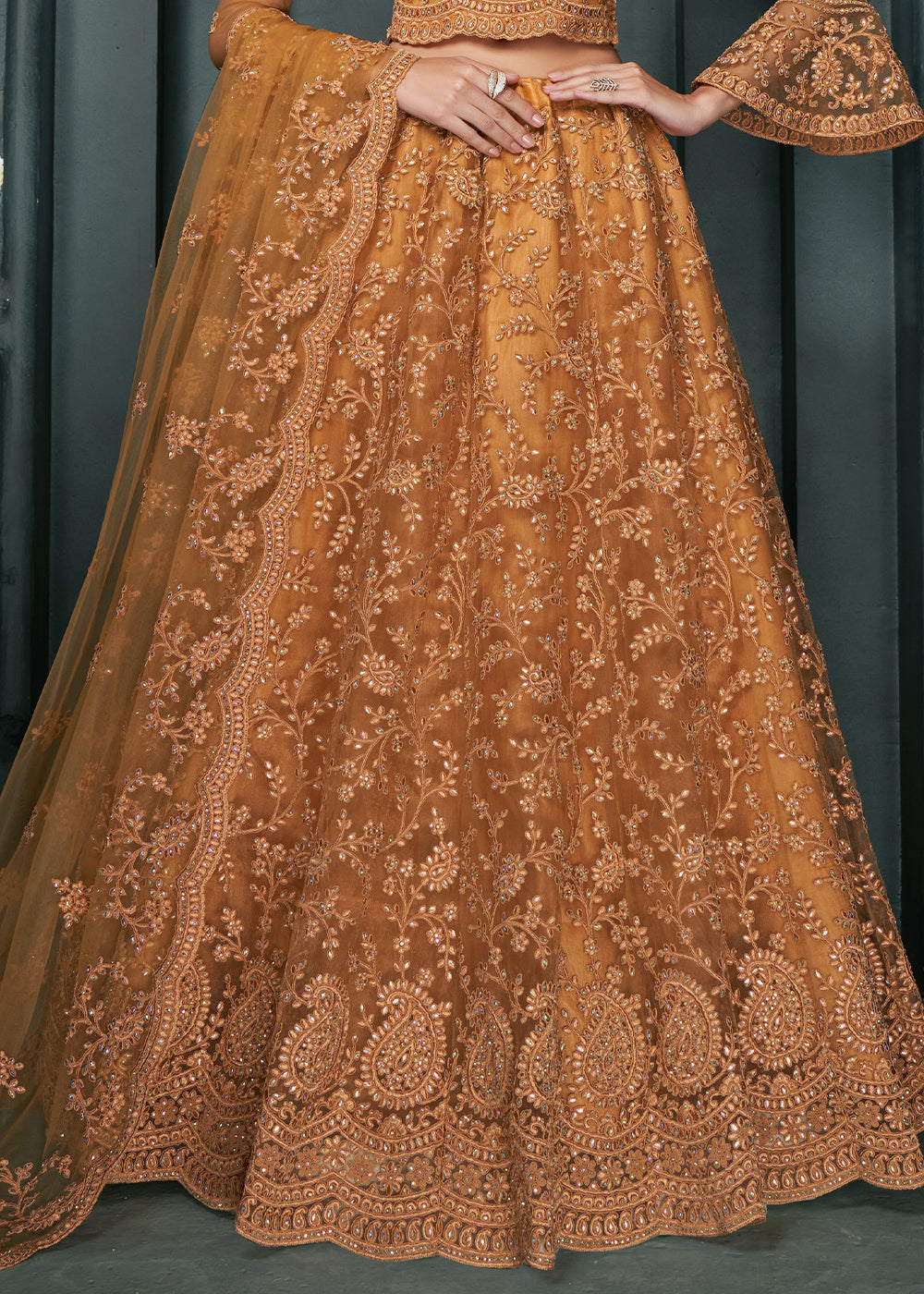 Copper Brown Net Lehenga Choli Beautifully Embroidered with Thread, Badla work & all Over Embellishments Stone work | Ready To Wear - qivii
