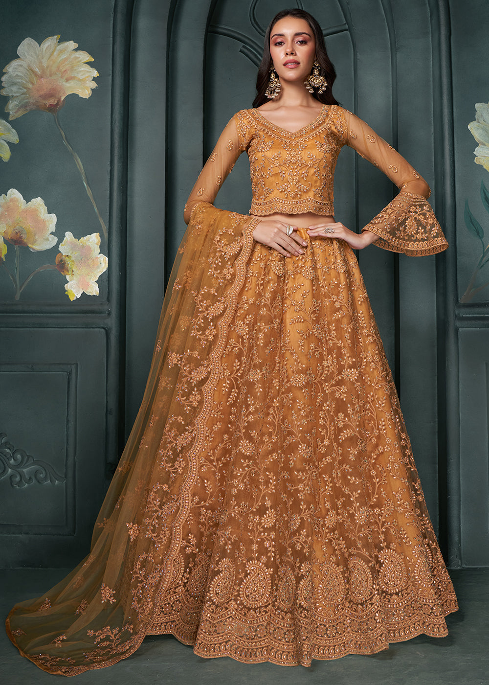 Copper Brown Net Lehenga Choli Beautifully Embroidered with Thread, Badla work & all Over Embellishments Stone work | Ready To Wear - qivii