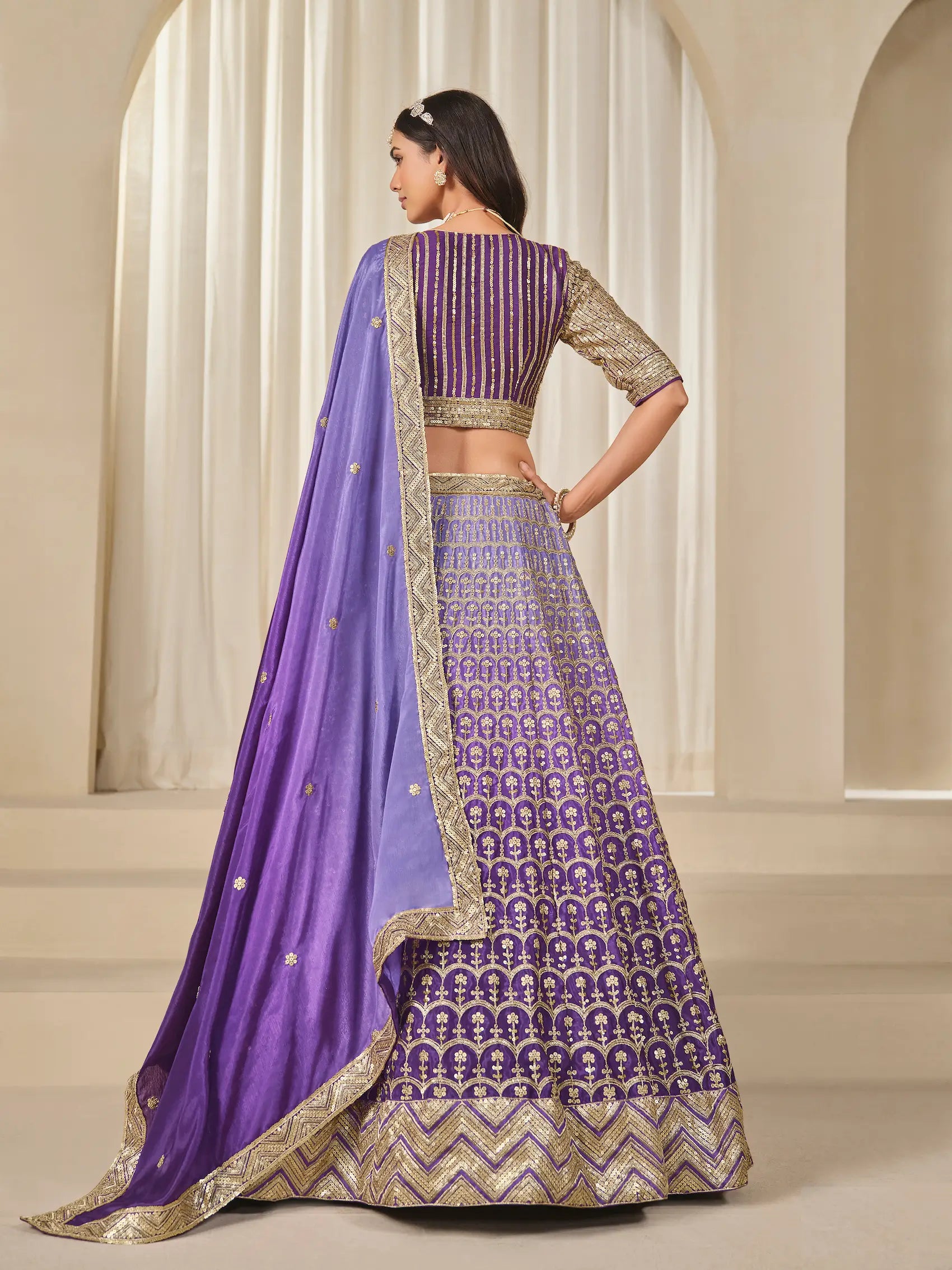 Shaded Purple Chinon Silk Embroidery Work Lehenga Choli - qivii