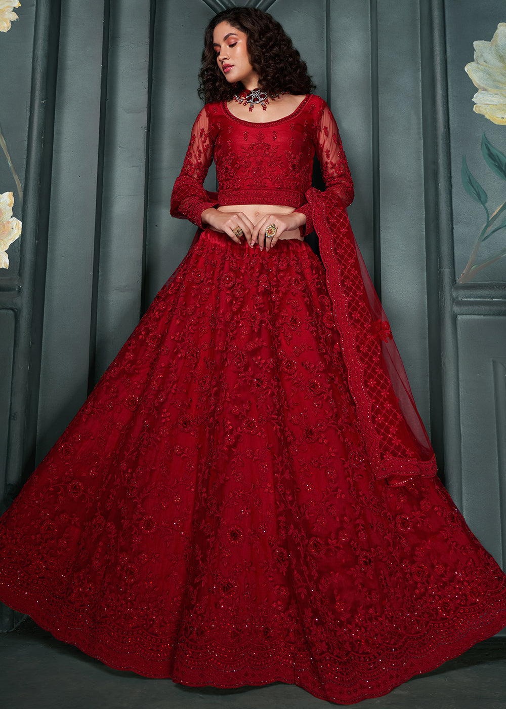 Dark Crimson Red Net Lehenga Choli Beautifully Embroidered with Thread, Badla work & all Over Embellishments Stone work | Ready To Wear - qivii