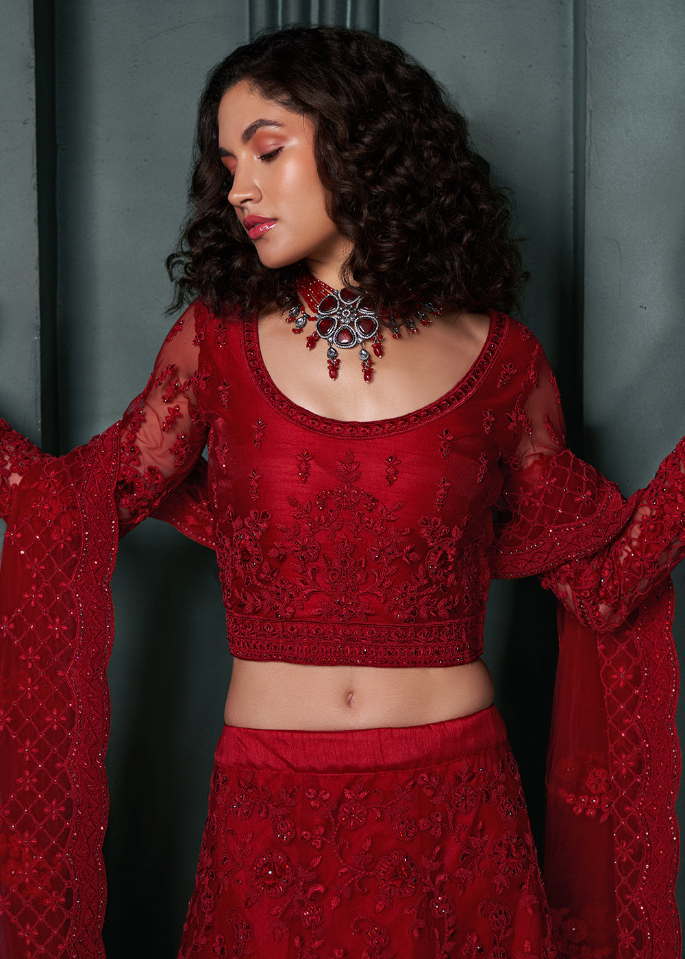 Dark Crimson Red Net Lehenga Choli Beautifully Embroidered with Thread, Badla work & all Over Embellishments Stone work | Ready To Wear - qivii