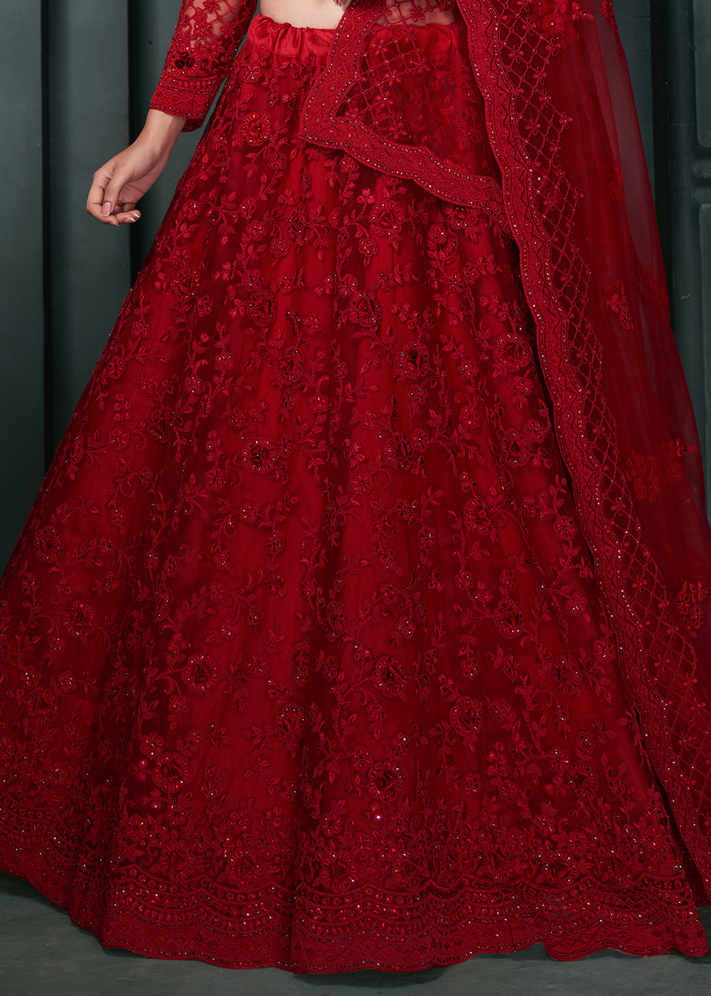 Dark Crimson Red Net Lehenga Choli Beautifully Embroidered with Thread, Badla work & all Over Embellishments Stone work | Ready To Wear - qivii