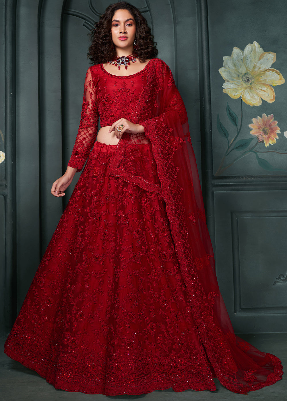 Dark Crimson Red Net Lehenga Choli Beautifully Embroidered with Thread, Badla work & all Over Embellishments Stone work | Ready To Wear - qivii