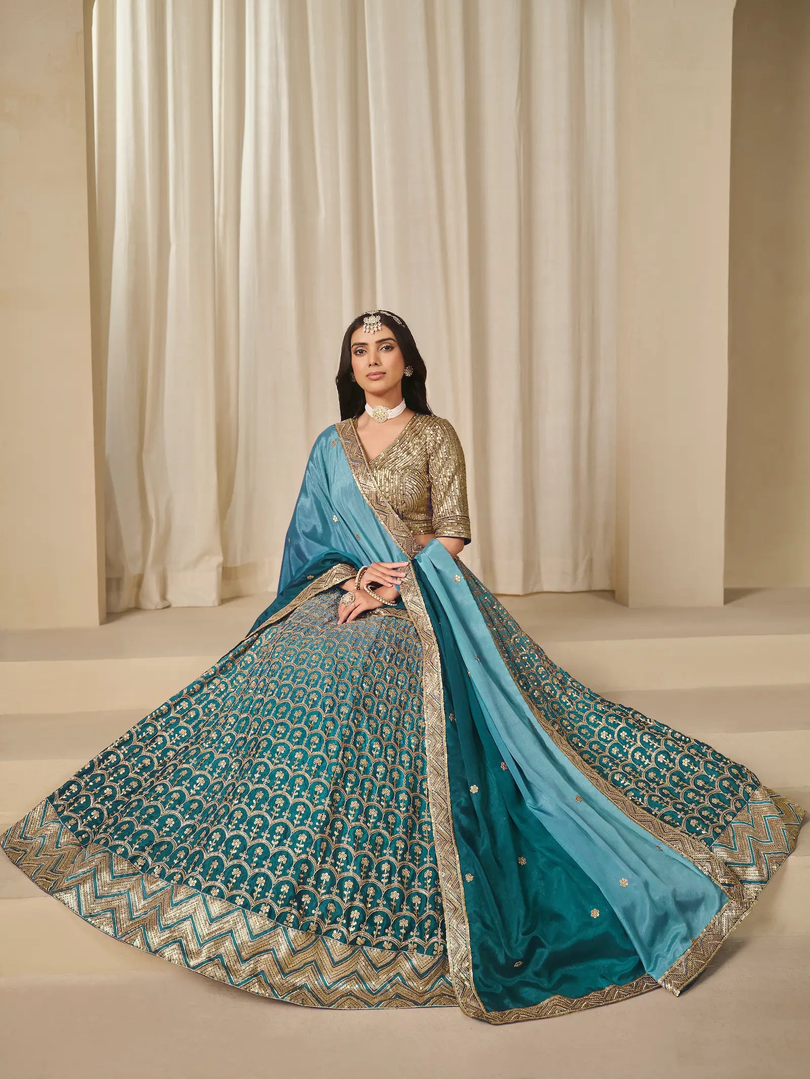 Shaded Blue Chinon Silk Embroidery Work Lehenga Choli - qivii