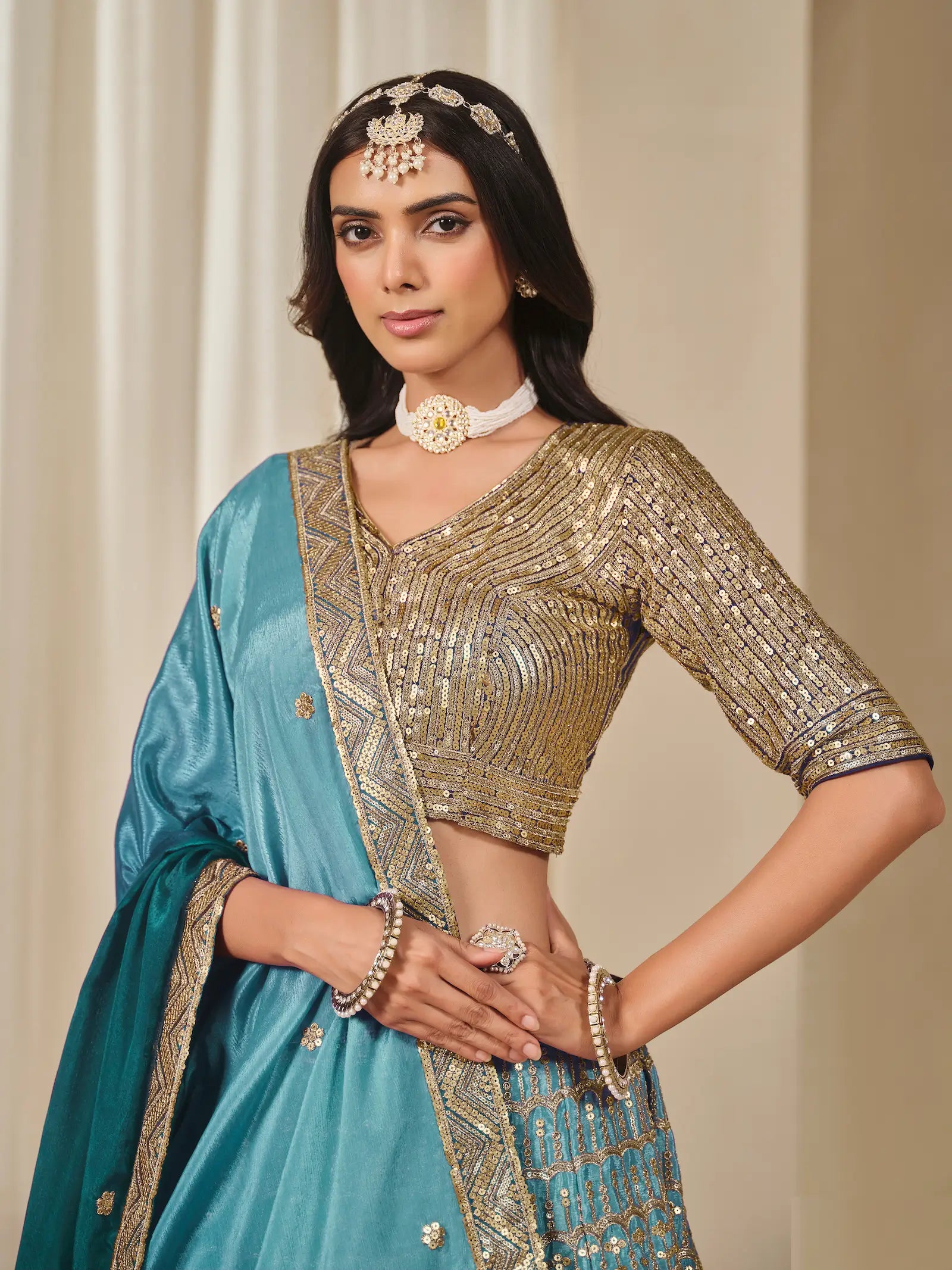 Shaded Blue Chinon Silk Embroidery Work Lehenga Choli - qivii