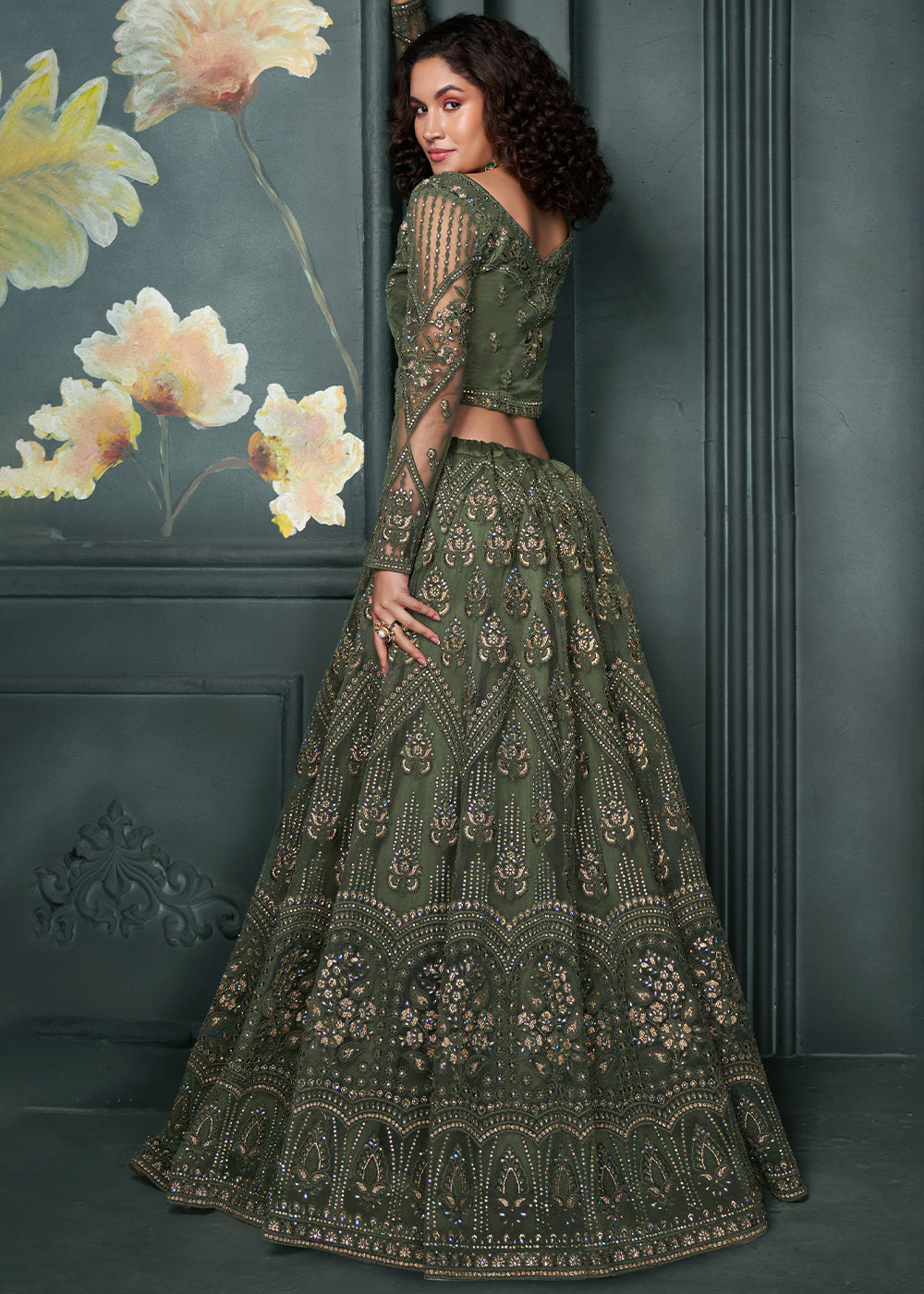 Bilbao Green Net Lehenga Choli Beautifully Embroidered with Thread, Badla work & all Over Embellishments Stone work | Ready To Wear - qivii