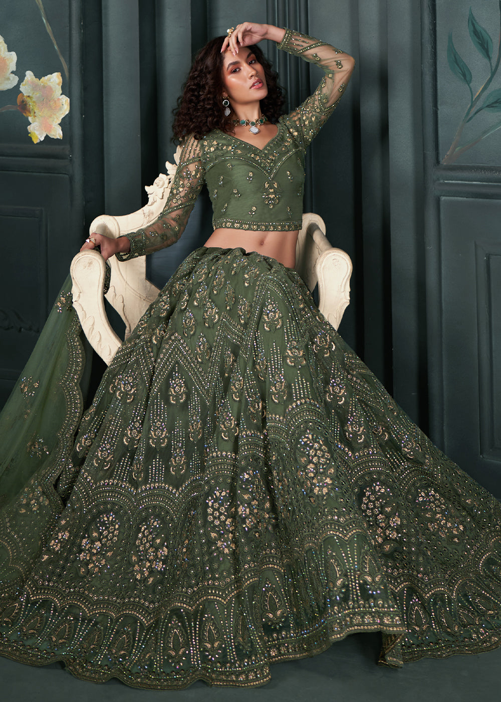 Bilbao Green Net Lehenga Choli Beautifully Embroidered with Thread, Badla work & all Over Embellishments Stone work | Ready To Wear - qivii