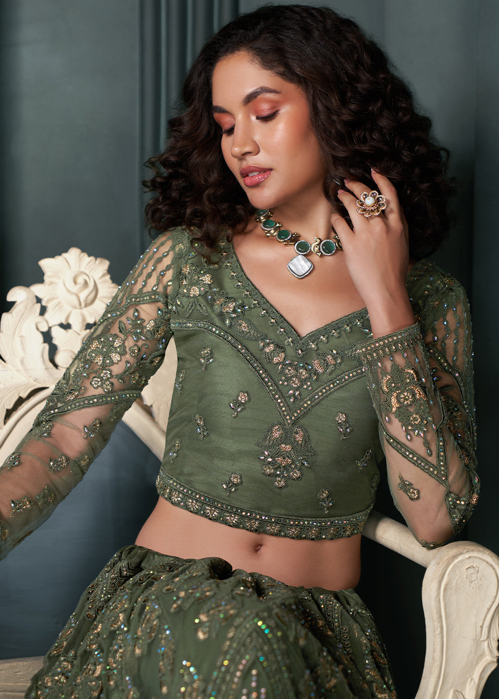 Bilbao Green Net Lehenga Choli Beautifully Embroidered with Thread, Badla work & all Over Embellishments Stone work | Ready To Wear - qivii
