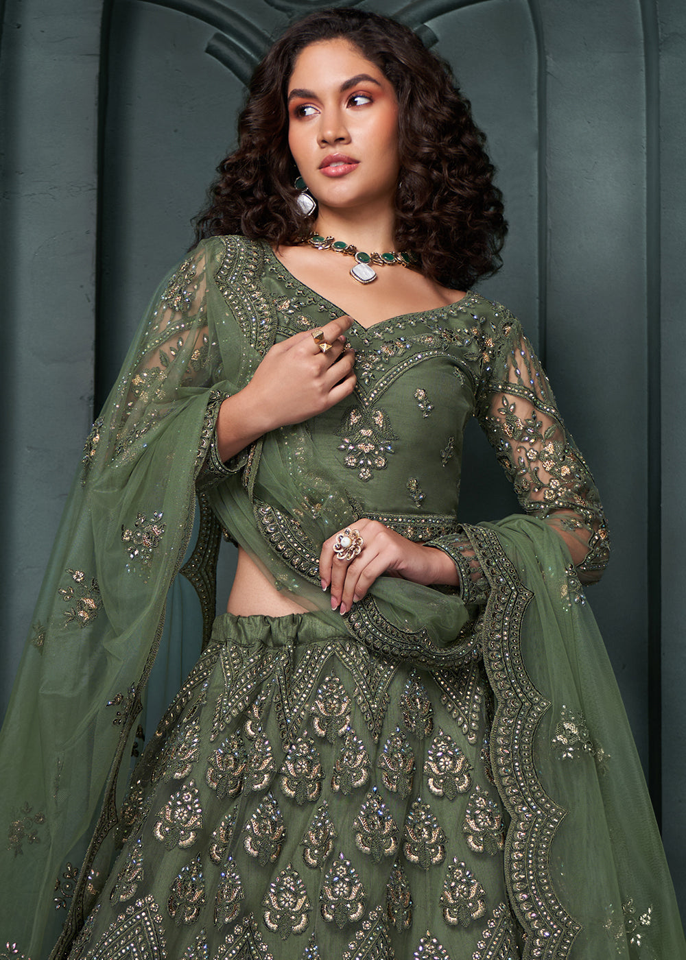 Bilbao Green Net Lehenga Choli Beautifully Embroidered with Thread, Badla work & all Over Embellishments Stone work | Ready To Wear - qivii