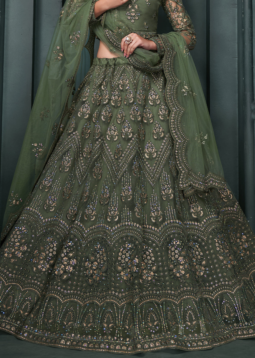 Bilbao Green Net Lehenga Choli Beautifully Embroidered with Thread, Badla work & all Over Embellishments Stone work | Ready To Wear - qivii