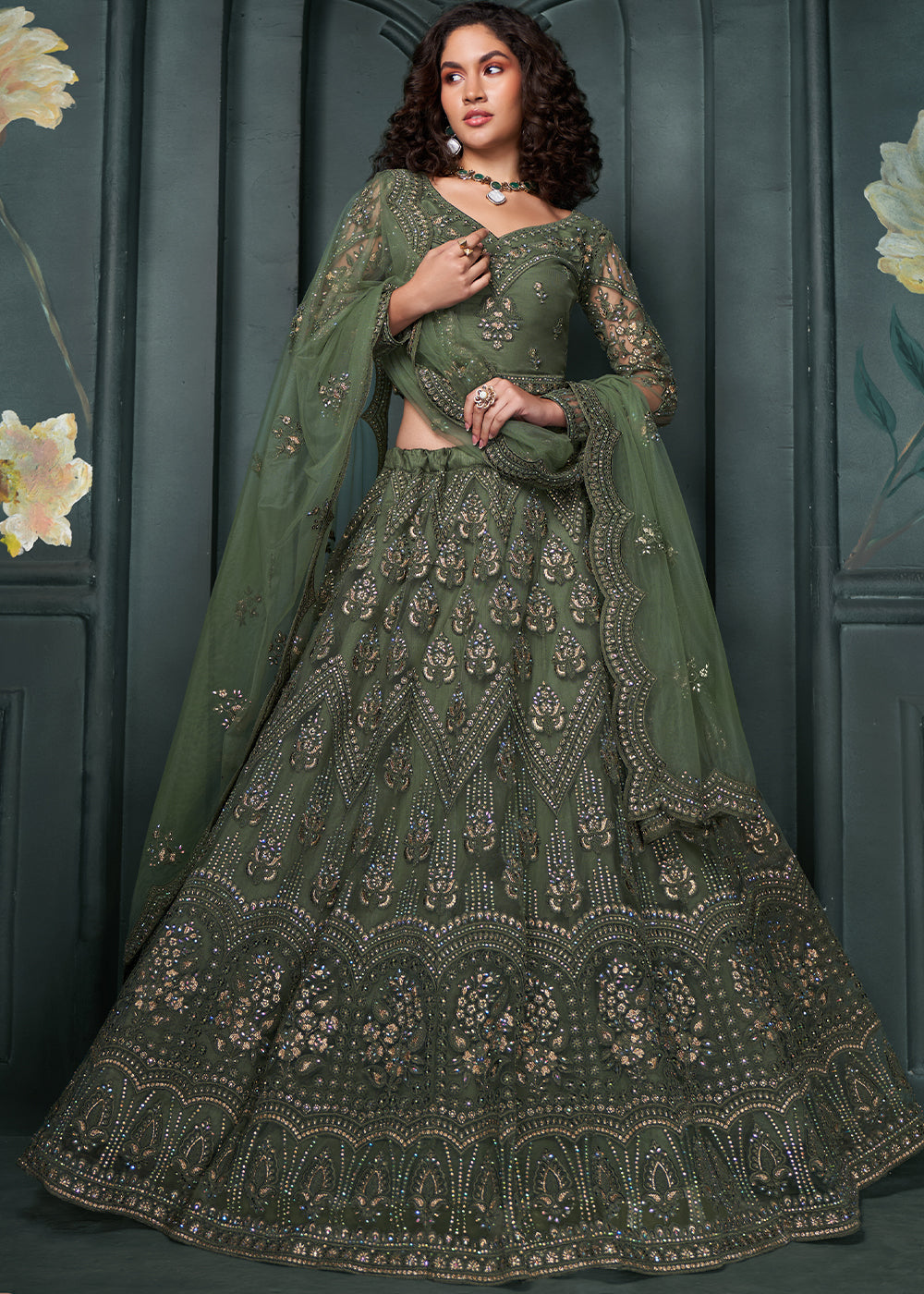 Bilbao Green Net Lehenga Choli Beautifully Embroidered with Thread, Badla work & all Over Embellishments Stone work | Ready To Wear - qivii