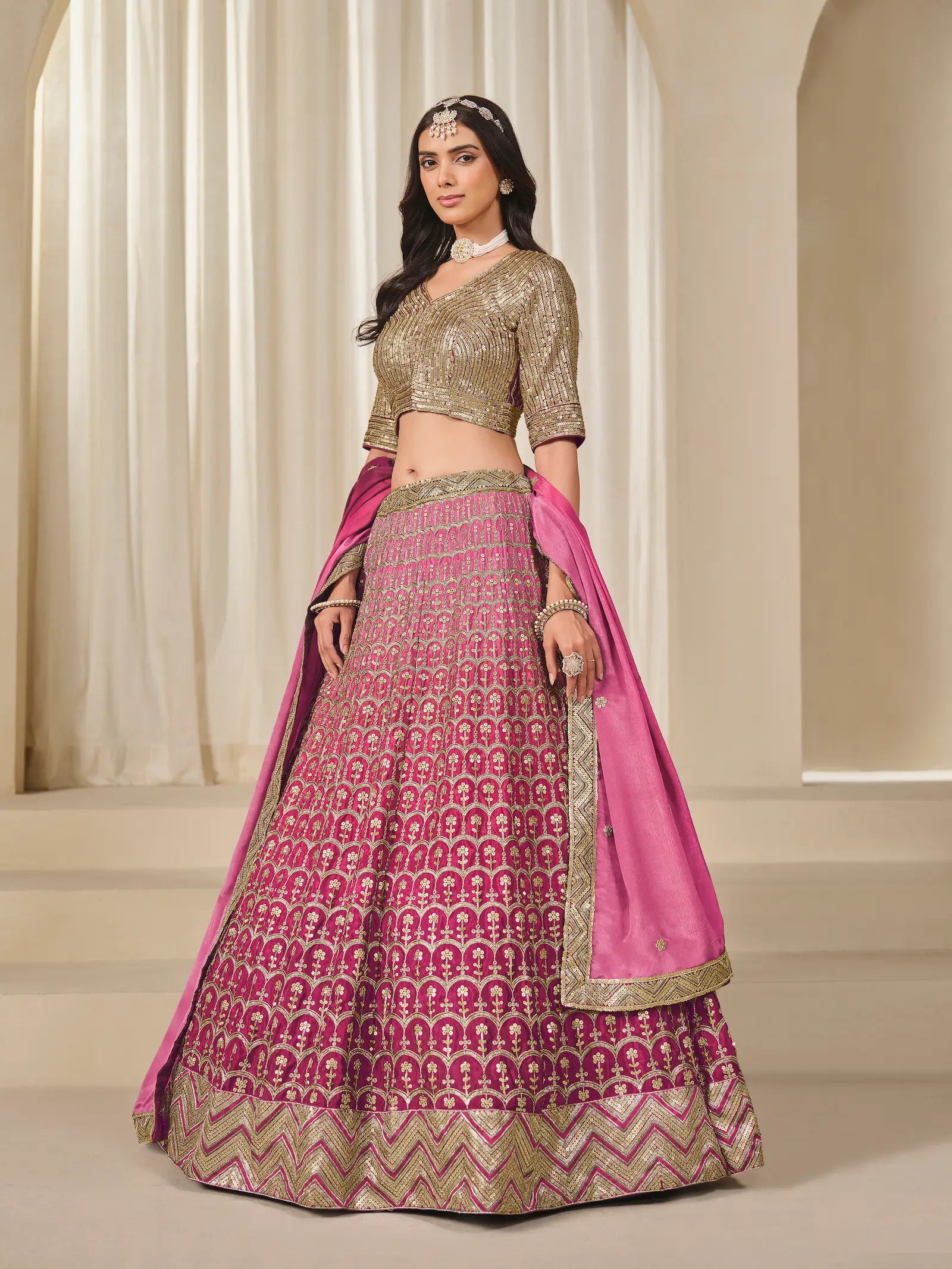 Shaded Pink Chinon Silk Embroidery Work Lehenga Choli - qivii