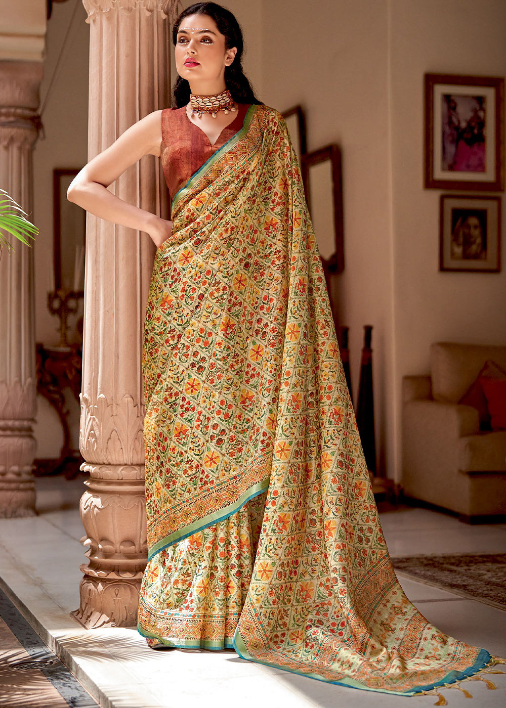 Linen White Designer Printed Silk Saree - qivii
