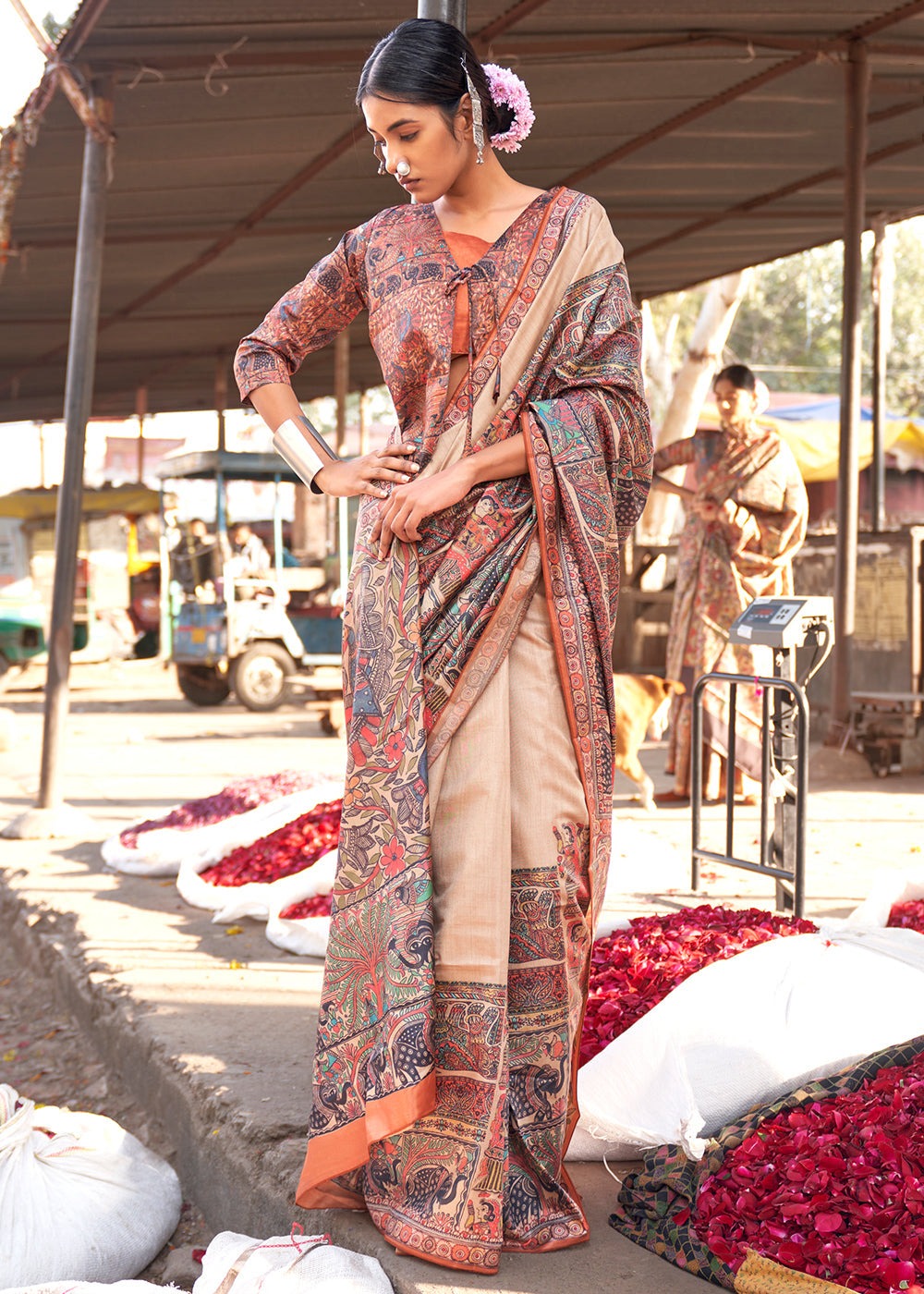 Amber Orange Madhubani Digital Printed Silk Saree - qivii