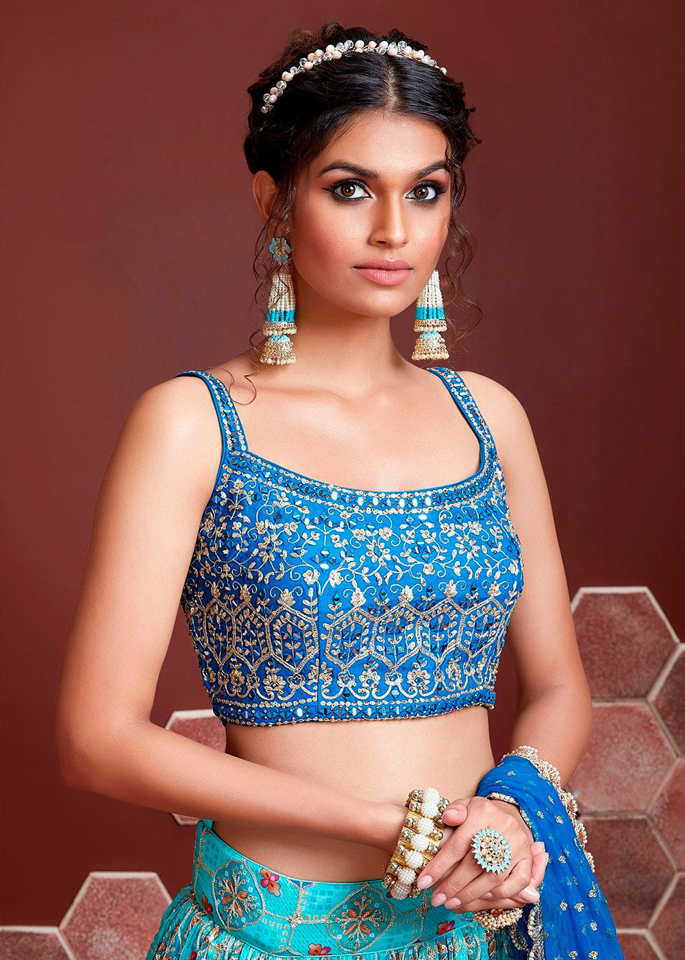 Shades Of Blue Floral Printed Chinon Silk Lehenga Choli with Embroidery & Mirror work | Ready To Wear - qivii