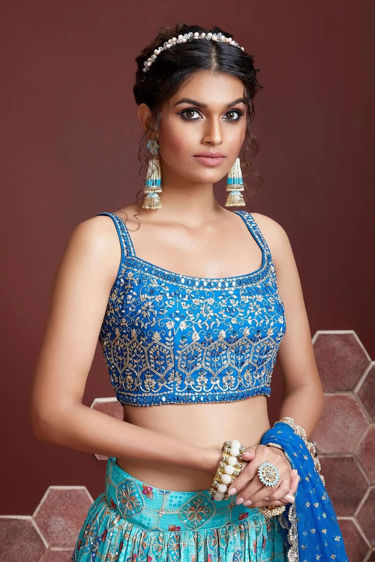 Light Sky Blue Lehenga With Digital Position Print And Heavy Embroidery With Real Mirror Work | Ready To Wear - qivii