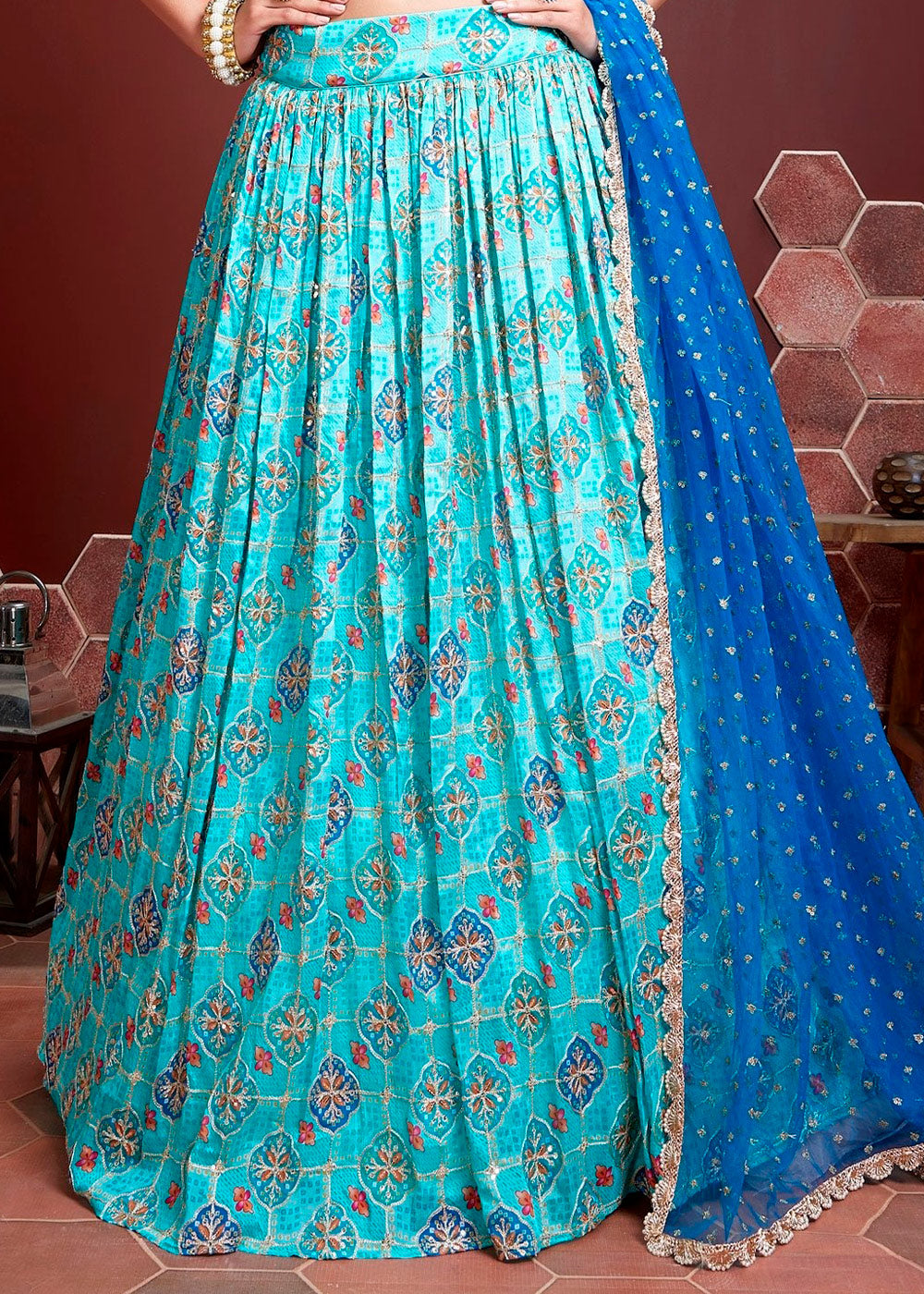 Shades Of Blue Floral Printed Chinon Silk Lehenga Choli with Embroidery & Mirror work | Ready To Wear - qivii