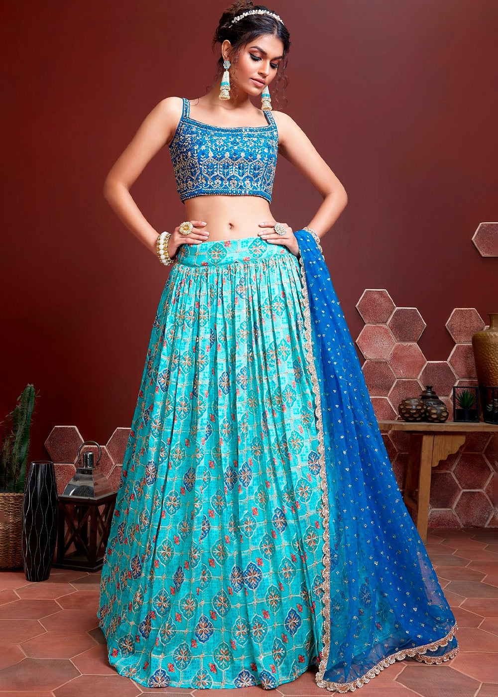 Shades Of Blue Floral Printed Chinon Silk Lehenga Choli with Embroidery & Mirror work | Ready To Wear - qivii
