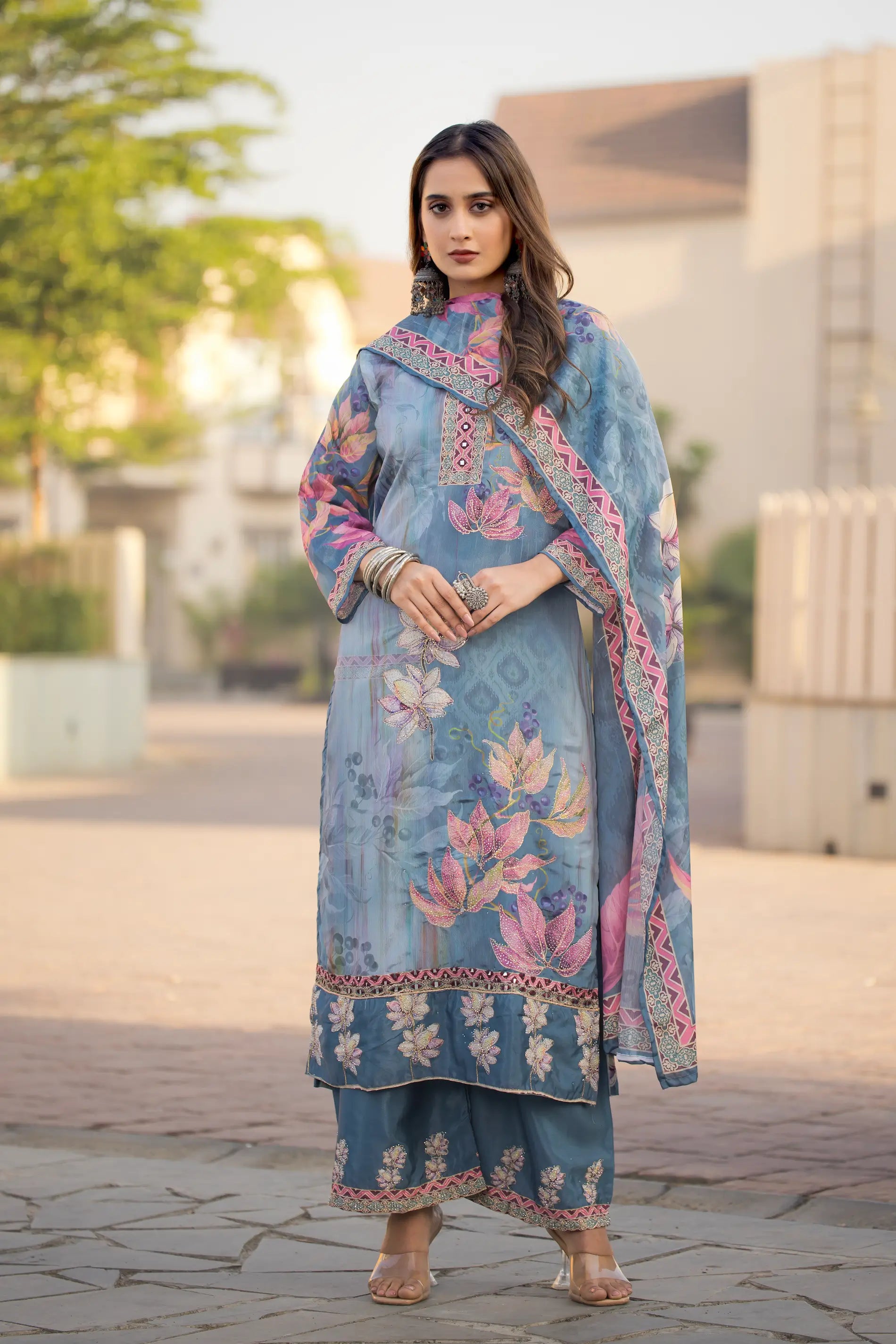 Sky Blue Chinon Handwork & Printed Salwar Suit - qivii