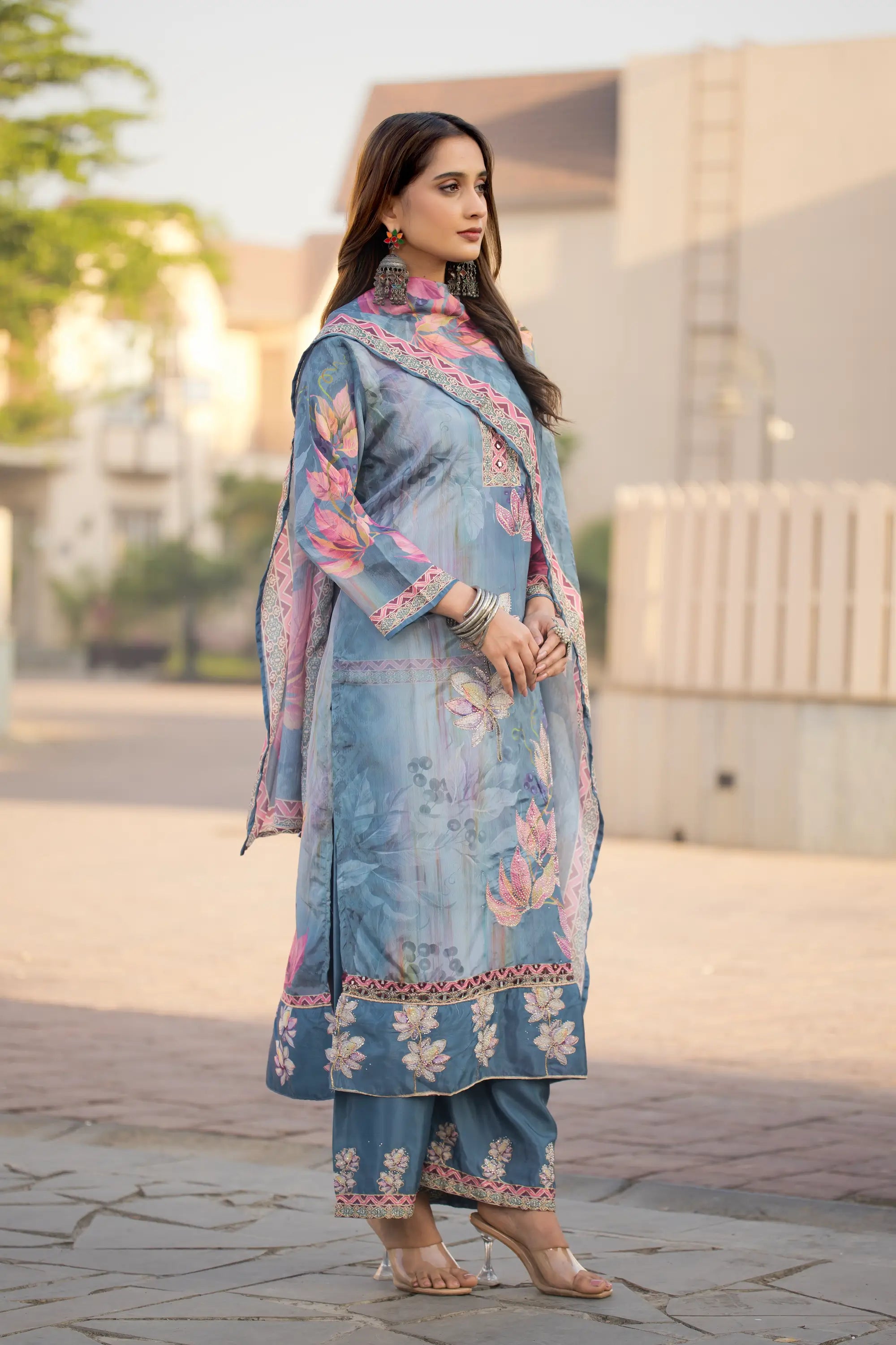 Sky Blue Chinon Handwork & Printed Salwar Suit - qivii