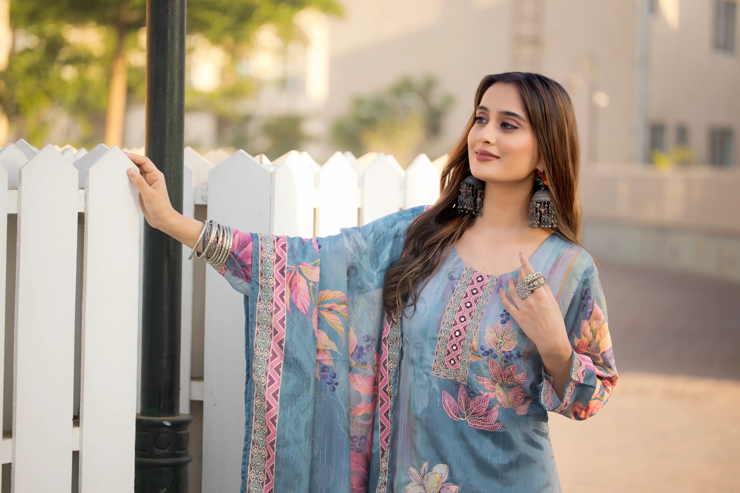 Sky Blue Chinon Handwork & Printed Salwar Suit - qivii