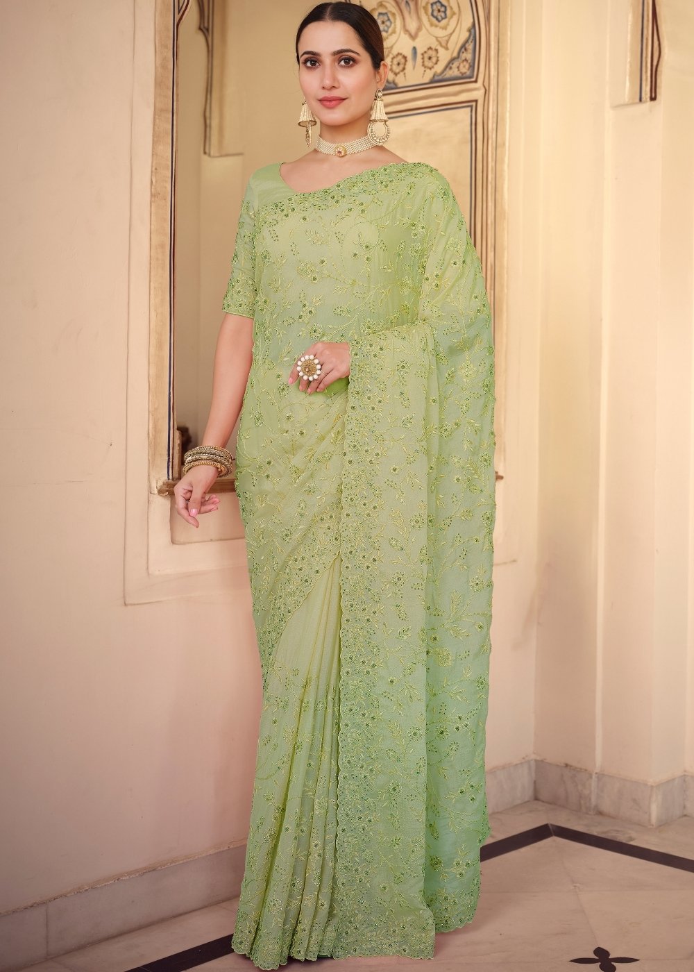 Sage Green Designer Chiffon Saree with Dori & Sequins work - qivii