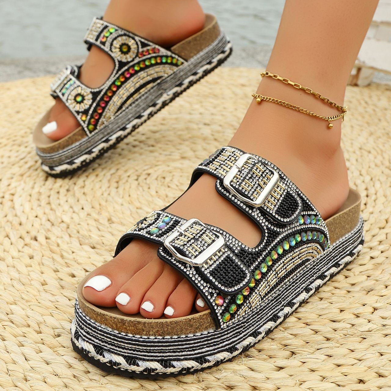 Women’s Calyra Rhinestone Platform Slide Sandals – Boho Metallic Buckle Rope Detail Resort Slides (US 5–10.5)