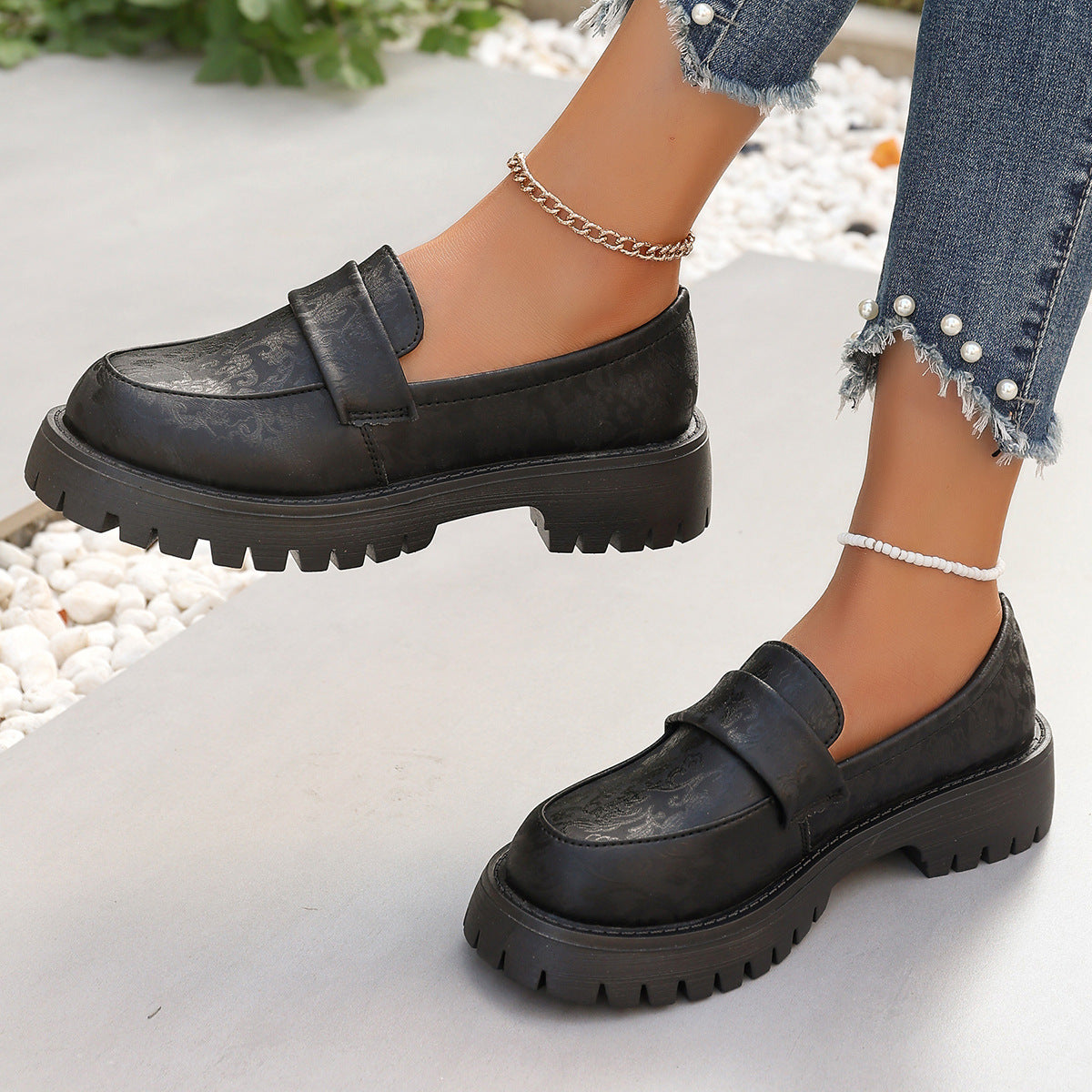 Women's Plus Size Premium Printed Platform Leather Loafers Casual Slip-On with Chunky Heel
