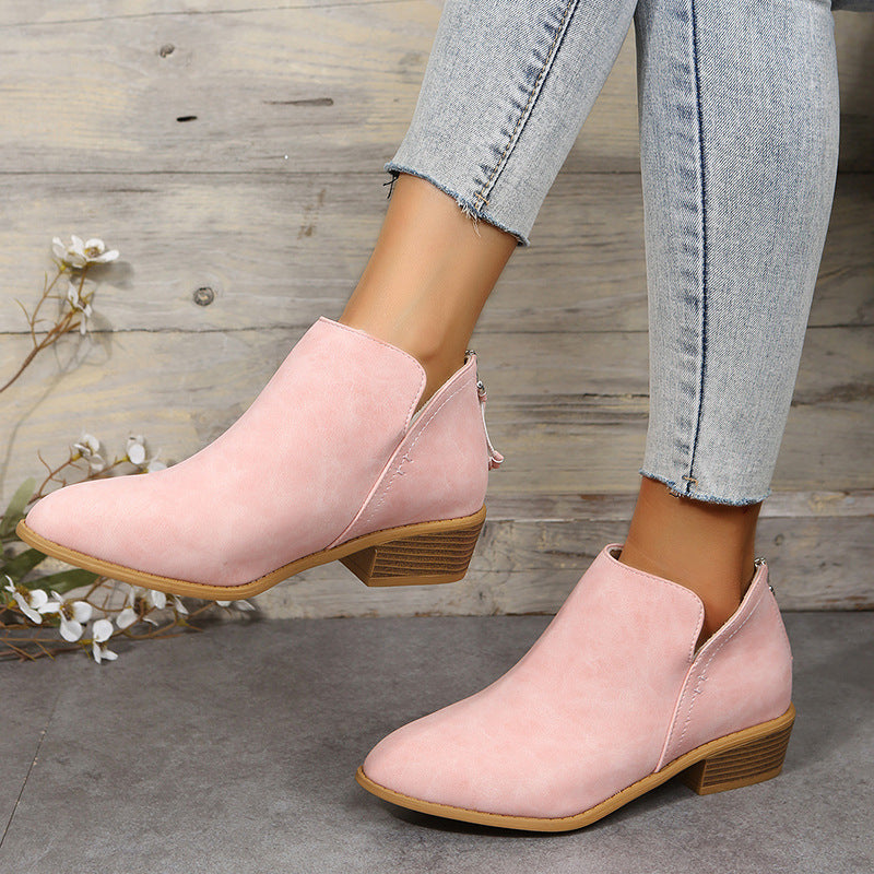 Plus Size Women's British-Inspired Solid-Color Pointed Toe Casual Fashion Boots with Rear Zipper & Low Chunky Hee