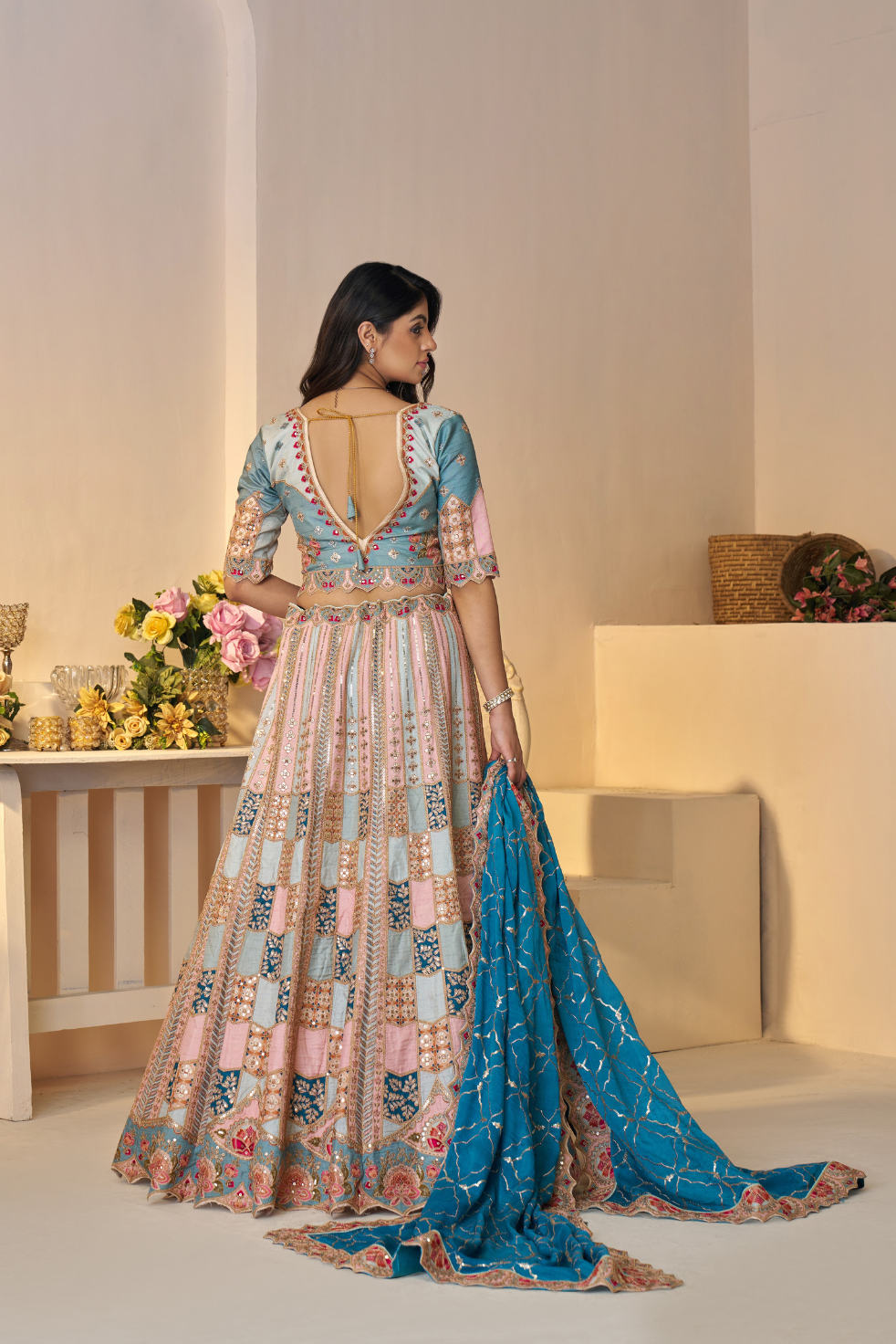 Powder Blue Jaal Print Lehenga with Sequin & Aari Work - qivii
