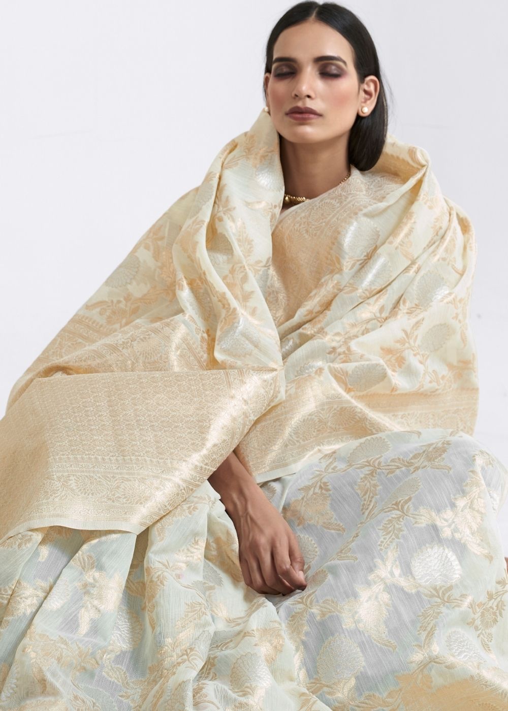 Ivory White Zari Woven Linen Silk Saree - qivii