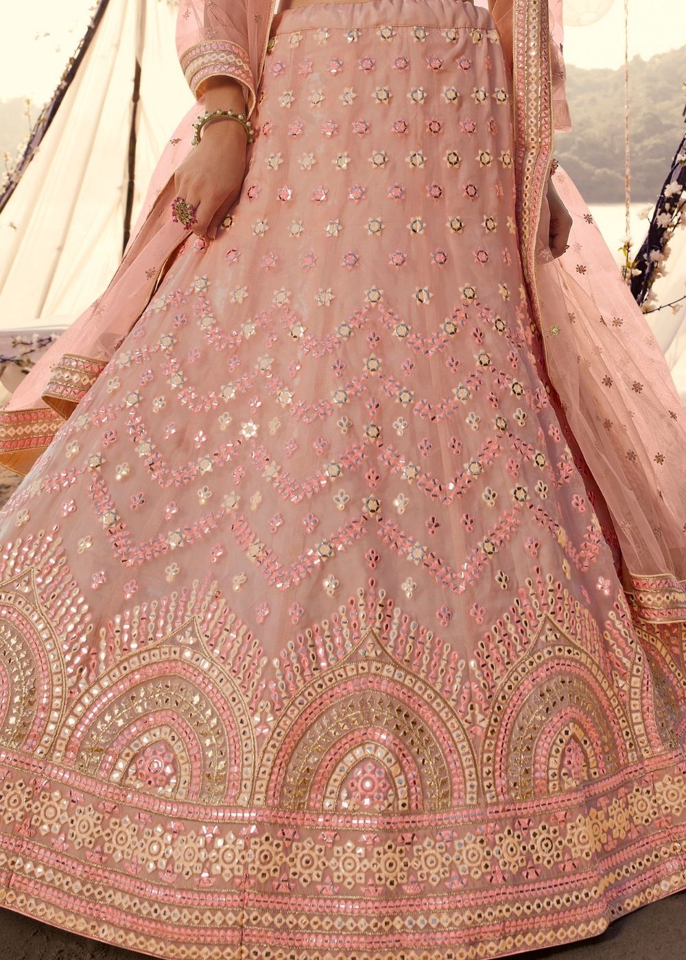 Salmon Pink Organza Lehenga Choli with Thread, Foli and Mirror work (Pre-Order) | Ready To Wear - qivii