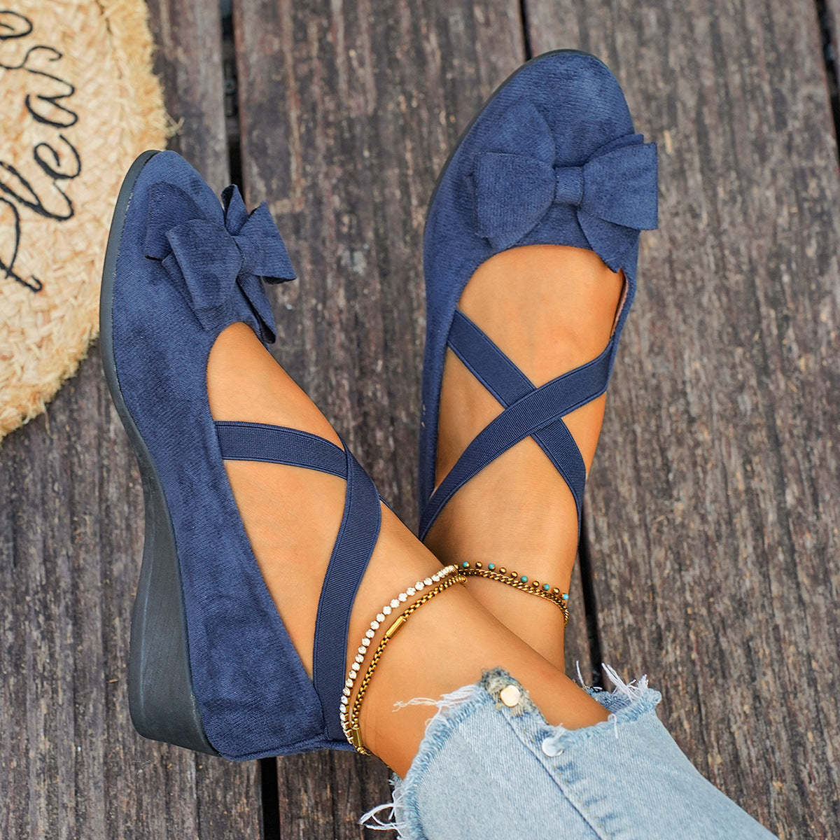Women’s Elara Bow Suede Wedge Loafers – Elastic Cross-Strap Comfort Slip-Ons (US 5–10.5)