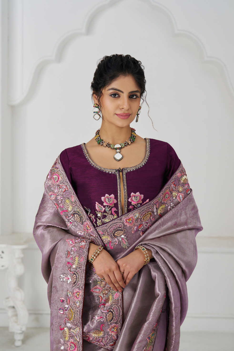 Stunning Mauve Color Saree With Multi-thread And Sequins Embroidery - qivii