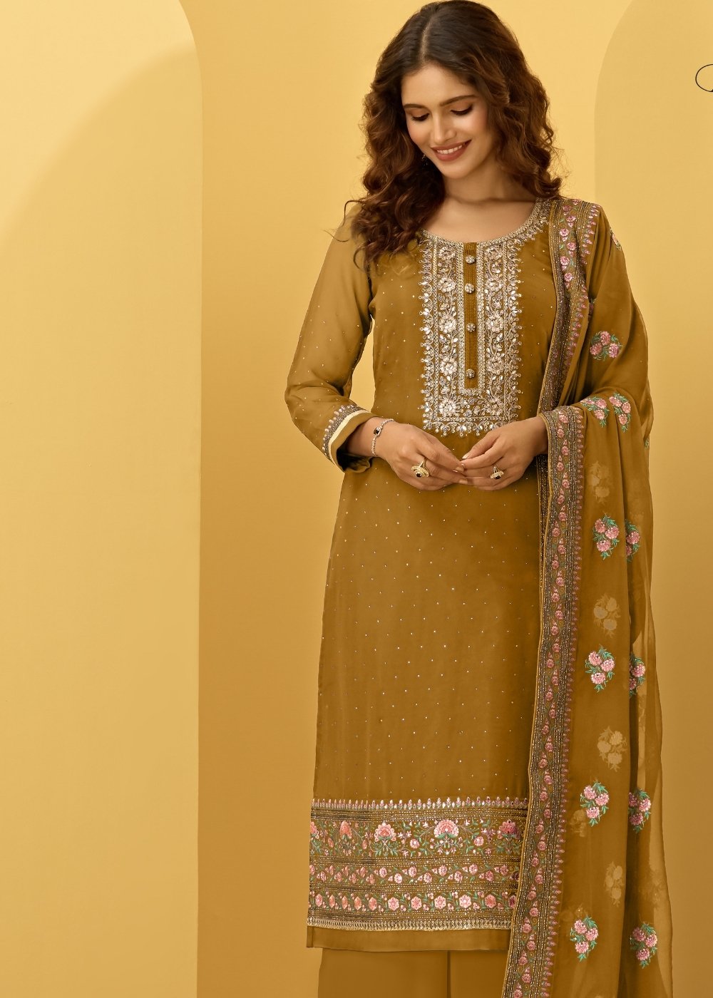 Mustard Yellow Georgette Salwar Suit with Thread, Zari & Cording Embroidery work - qivii
