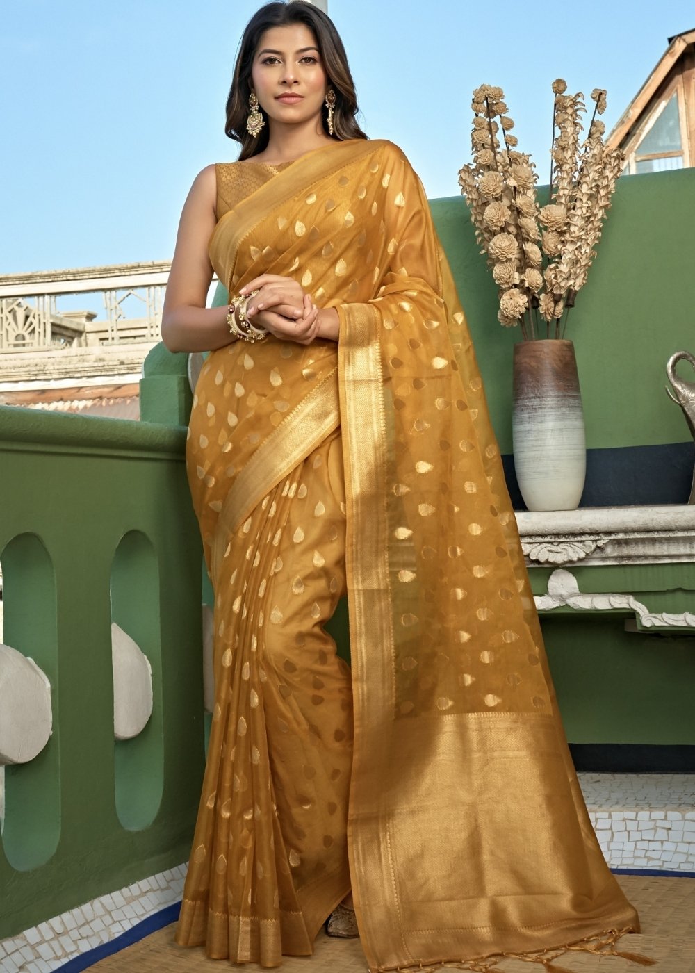 Copper Brown Zari Woven Organza Silk Saree - qivii