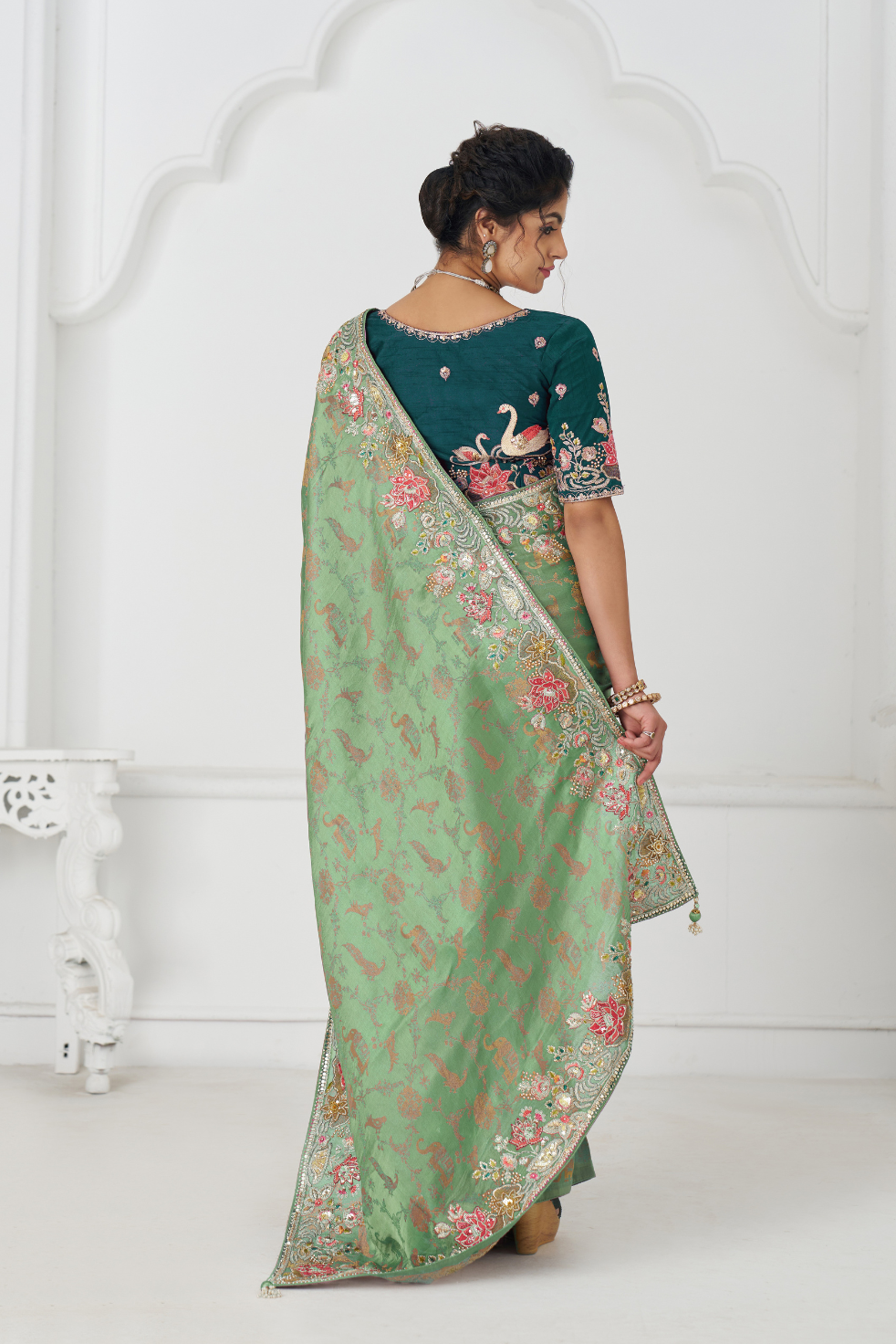 Grace in Green: Multi-Thread Embroidered Saree with Floral Elegance - qivii