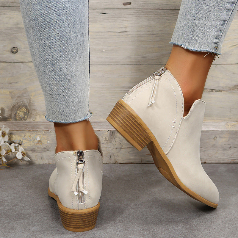Plus Size Women's British-Inspired Solid-Color Pointed Toe Casual Fashion Boots with Rear Zipper & Low Chunky Hee