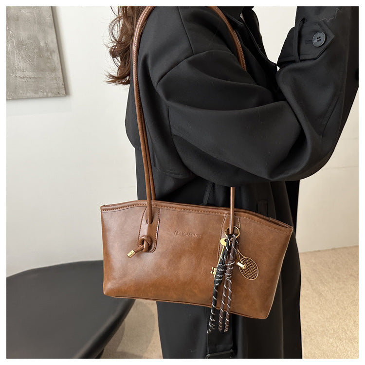 Women's Vintage-Chic Oversized Tote - Commuter-Ready Shoulder Bag w/ Detachable Accent Charms, Grain-Textured Vegan Leather